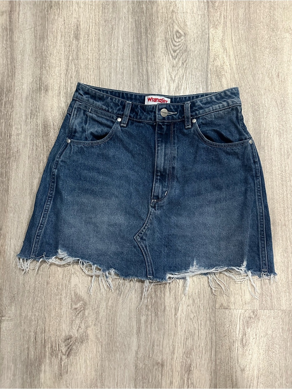 Wrangler Dark Blue Denim Mini Skirt with Frayed Hem